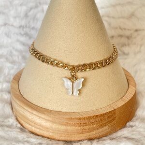 Gold Tone Butterfly Charm Bracelet White Enamel Dainty Chain Link